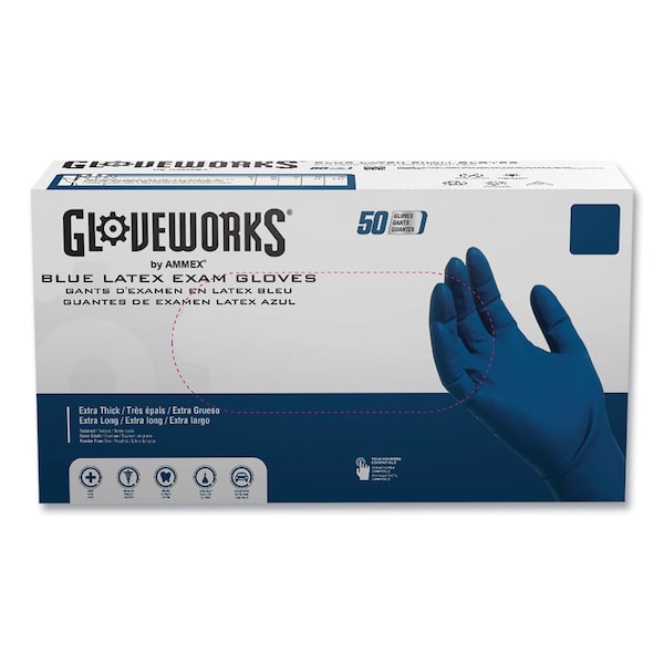 Gloveworks By Ammex Disposable Gloves, 13 mil Palm, Latex, Powder-Free, M, 500 PK, Blue GPLHD84100 - main